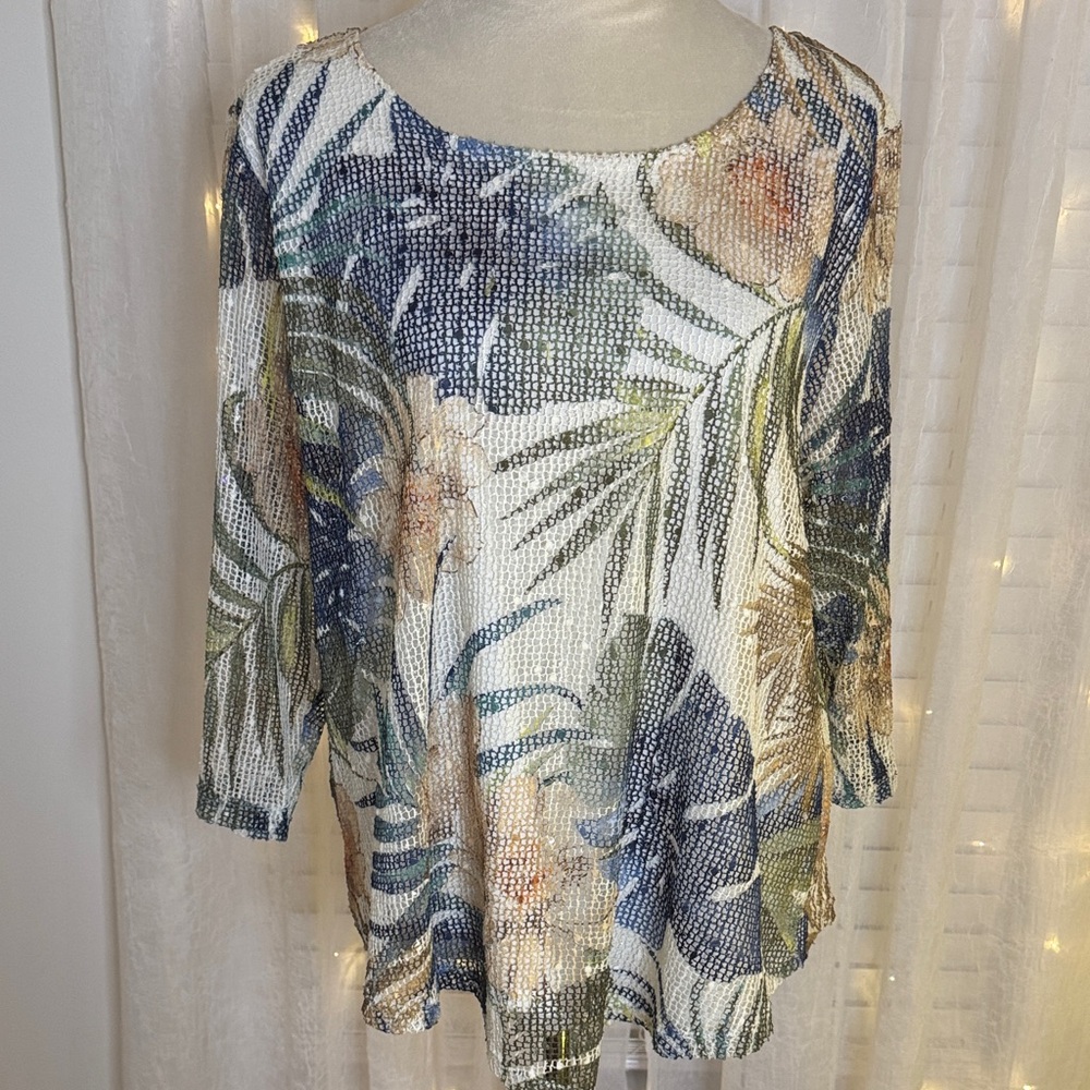 Alfred Dunner Cream Floral Print Textured Blouse with Blue and Green Accents